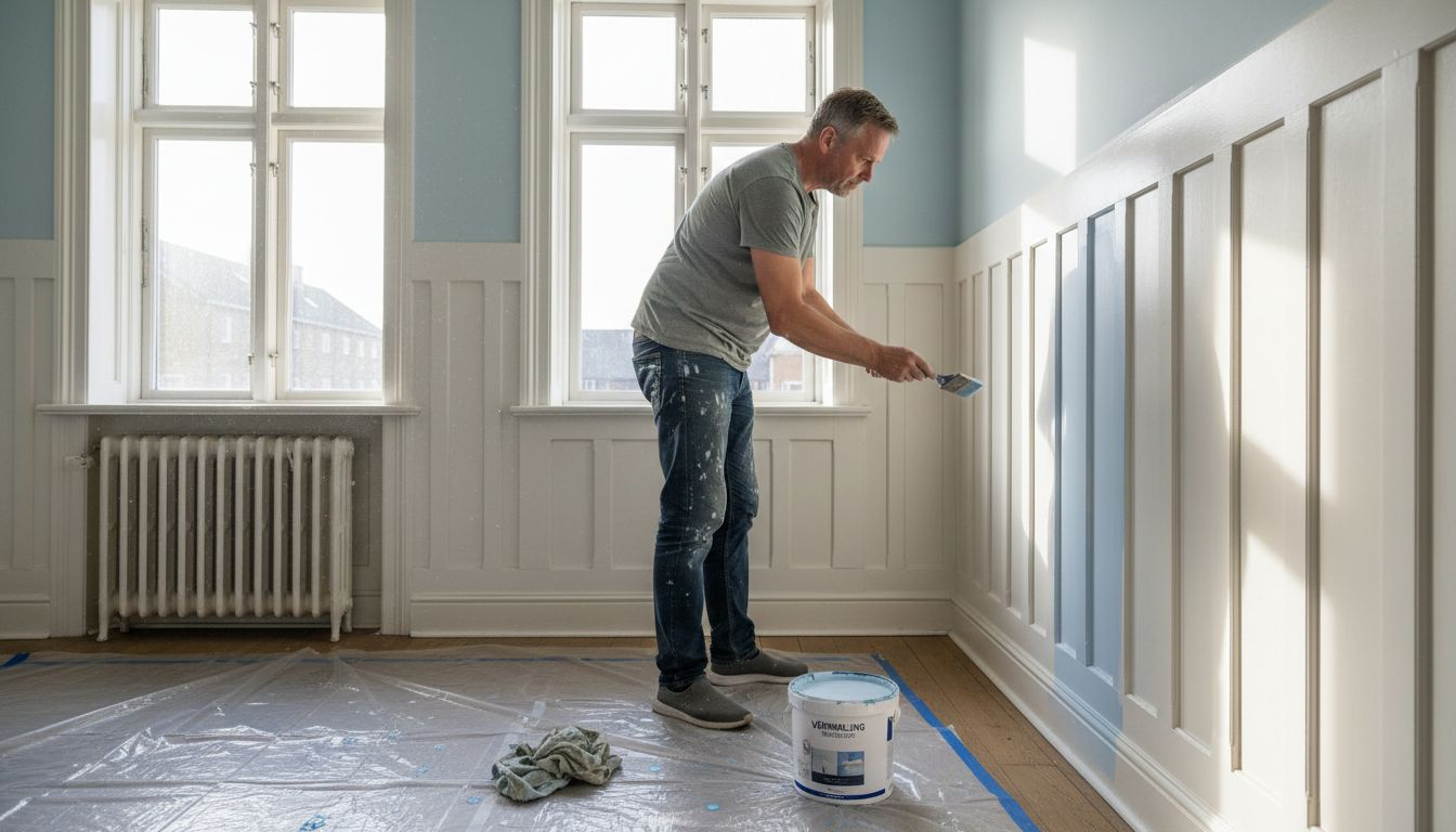 En mand er i gang med at male væggen i stuen med maling af høj kvalitet.