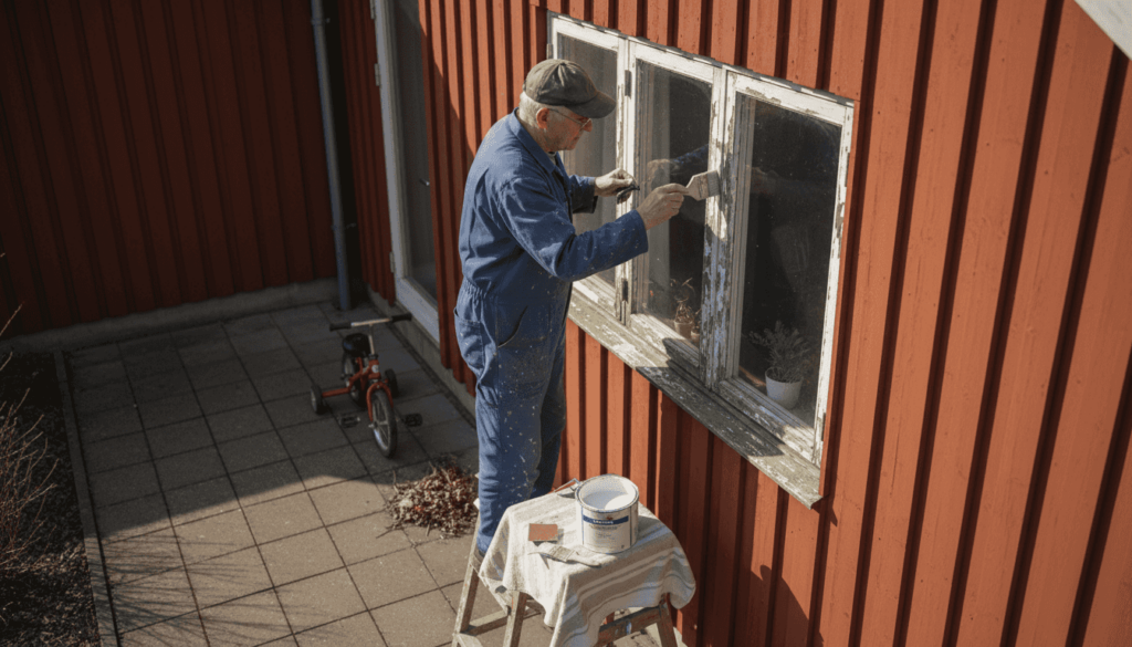 En mand står og maler trærammerne på vinduerne i et dansk hus her i foråret.