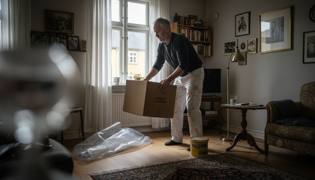 Maler gør stuen klar til at blive malet