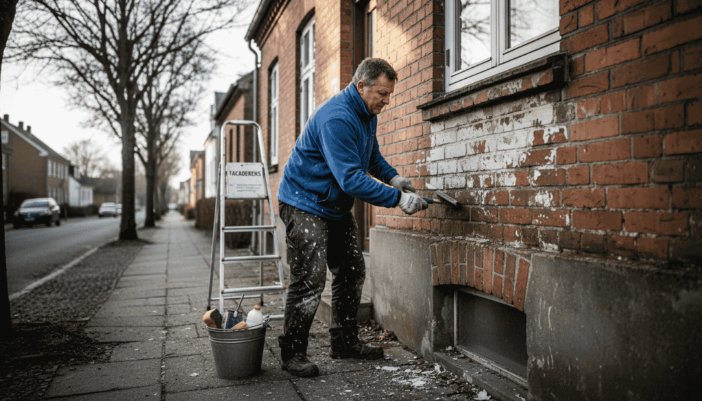 En person gør facaden klar til at blive malet udendørs.