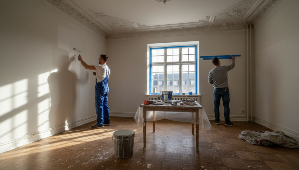 Malere gør klar og svinger penslen i en lejlighed på Vesterbro