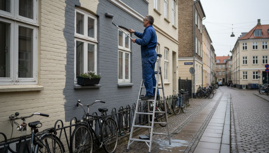 En maler er i gang med at give facaden på et københavnsk byhus en kærlig hånd.