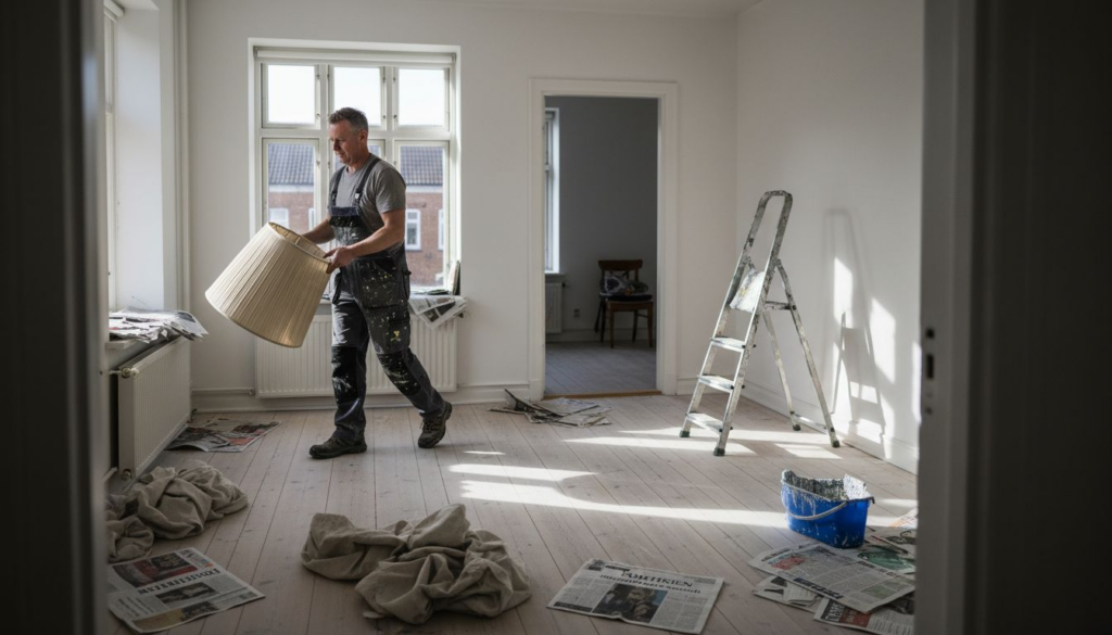Mand gør stuen klar til at blive malet