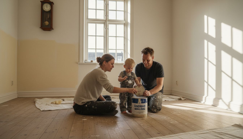 En familie svinger penslerne og frisker den lyse stue op i deres lejlighed på Nørrebro.