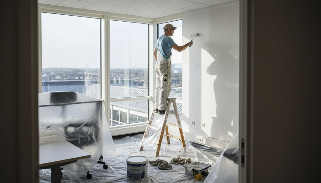 En maler er i gang med at arbejde ved vinduet i hjørnet af kontoret.