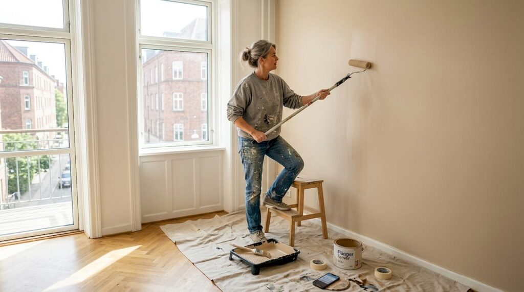 En kvinde er i gang med at male væggen i stuen i en varm beige farve.