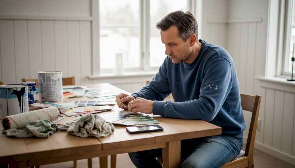 En mand sidder ved spisebordet og kigger på forskellige malingprøver.