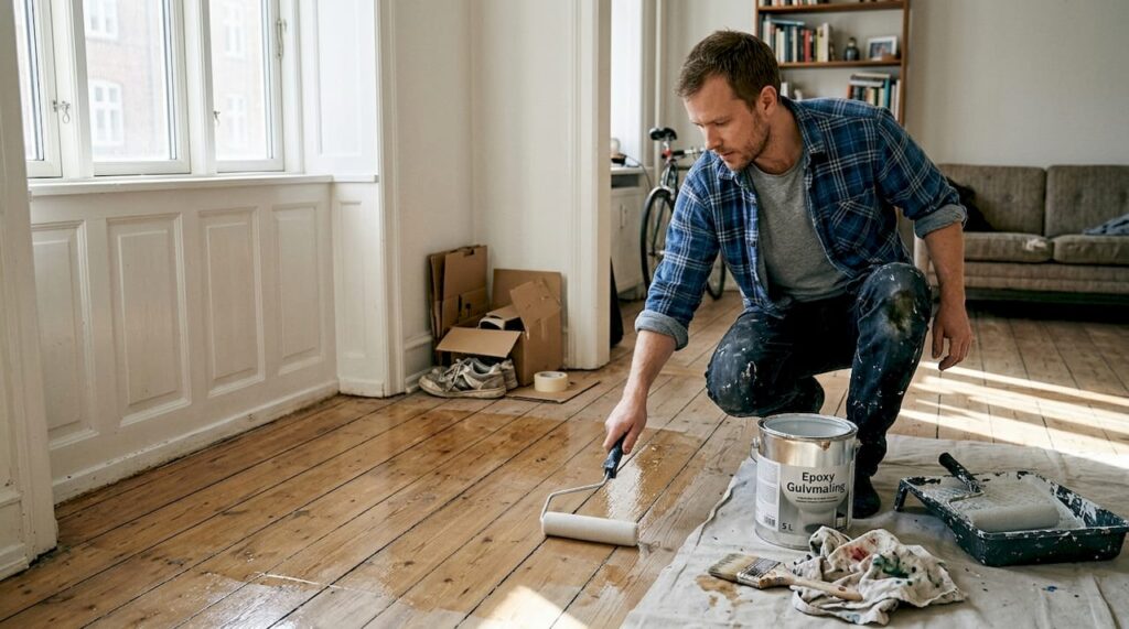 En maler lægger epoxy på gulvet i stuen