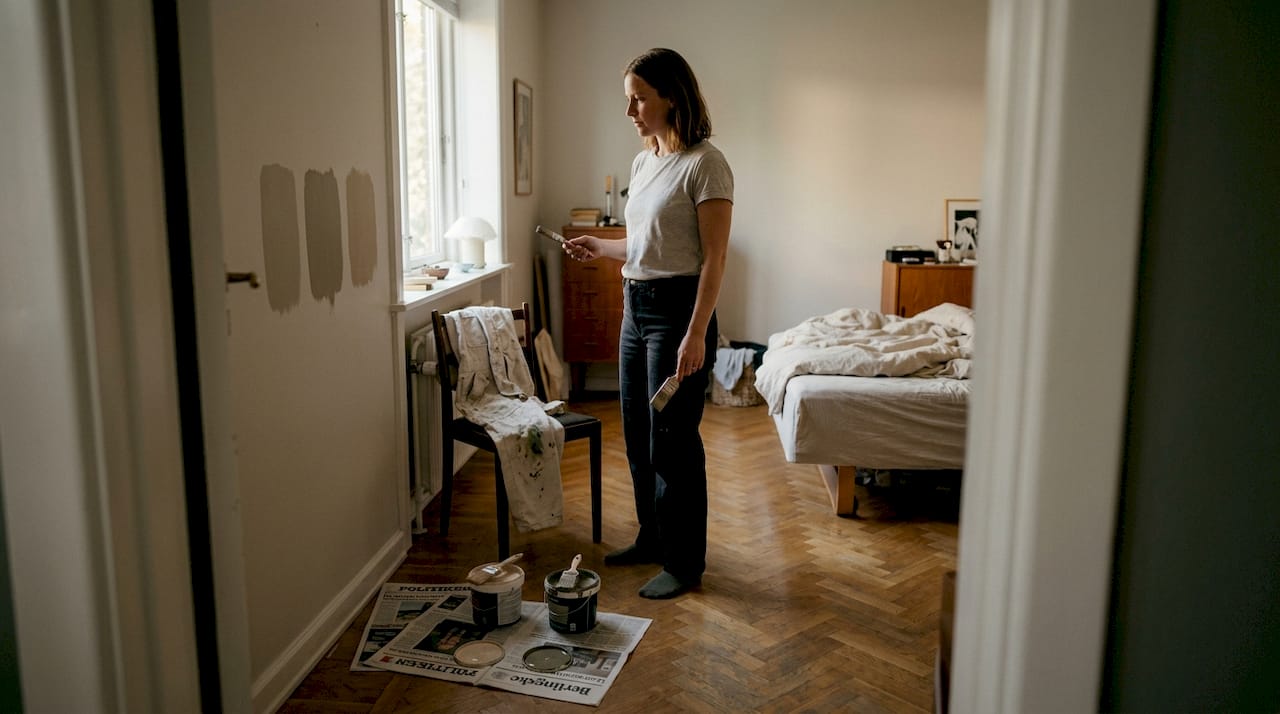 En kvinde prøver forskellige malingprøver af direkte på væggen.