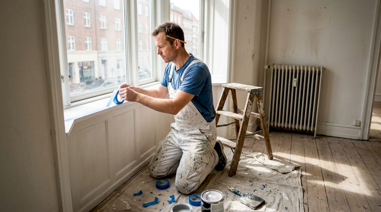 Maler gør vinduesrammen klar til maling i en lejlighed på Vesterbro
