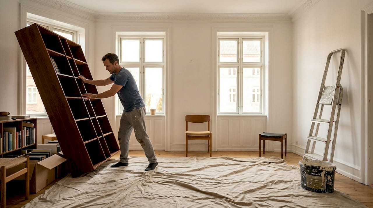 En mand gør huset klar til at male – han rydder op, dækker møbler til og sørger for, at alt er på plads før penslerne kommer frem.