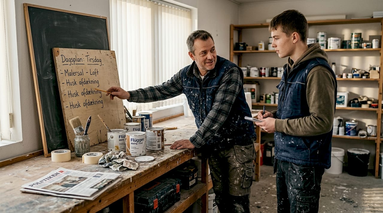 Malersvende står og gennemgår dagens opgaver sammen ude i værkstedet.