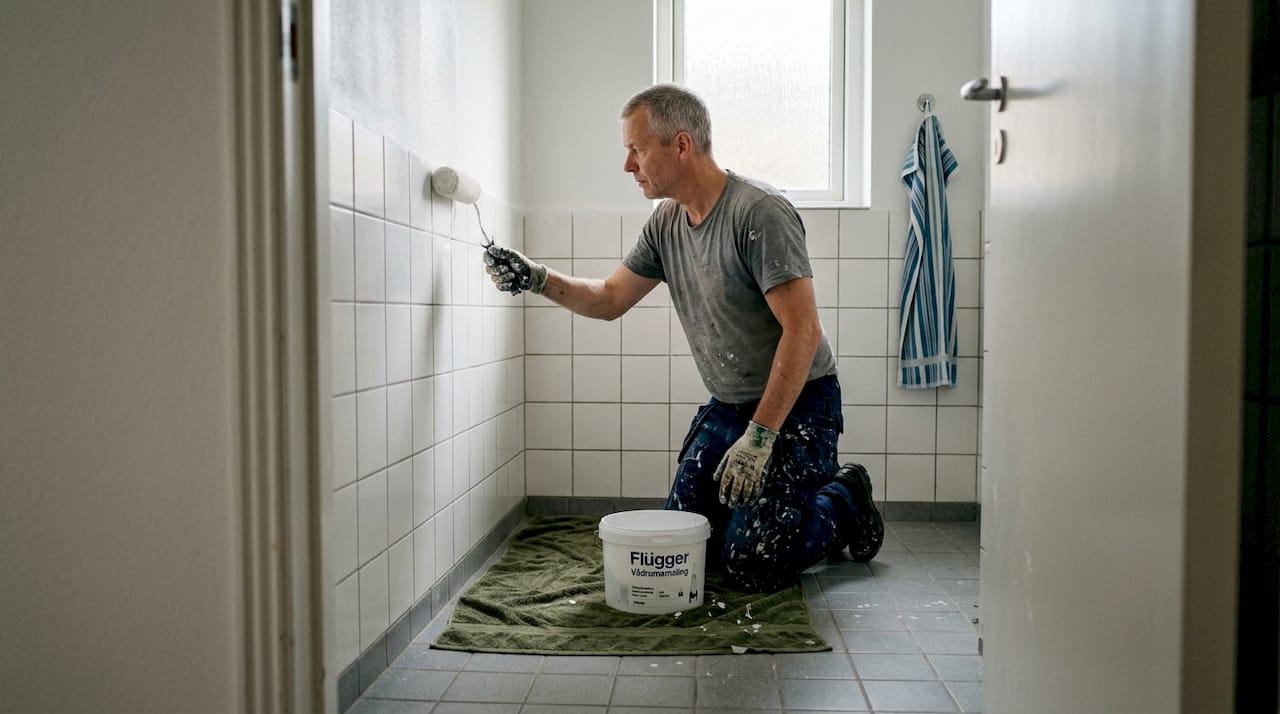 En professionel maler er i gang med at male badeværelset med speciel vådrumsmaling.