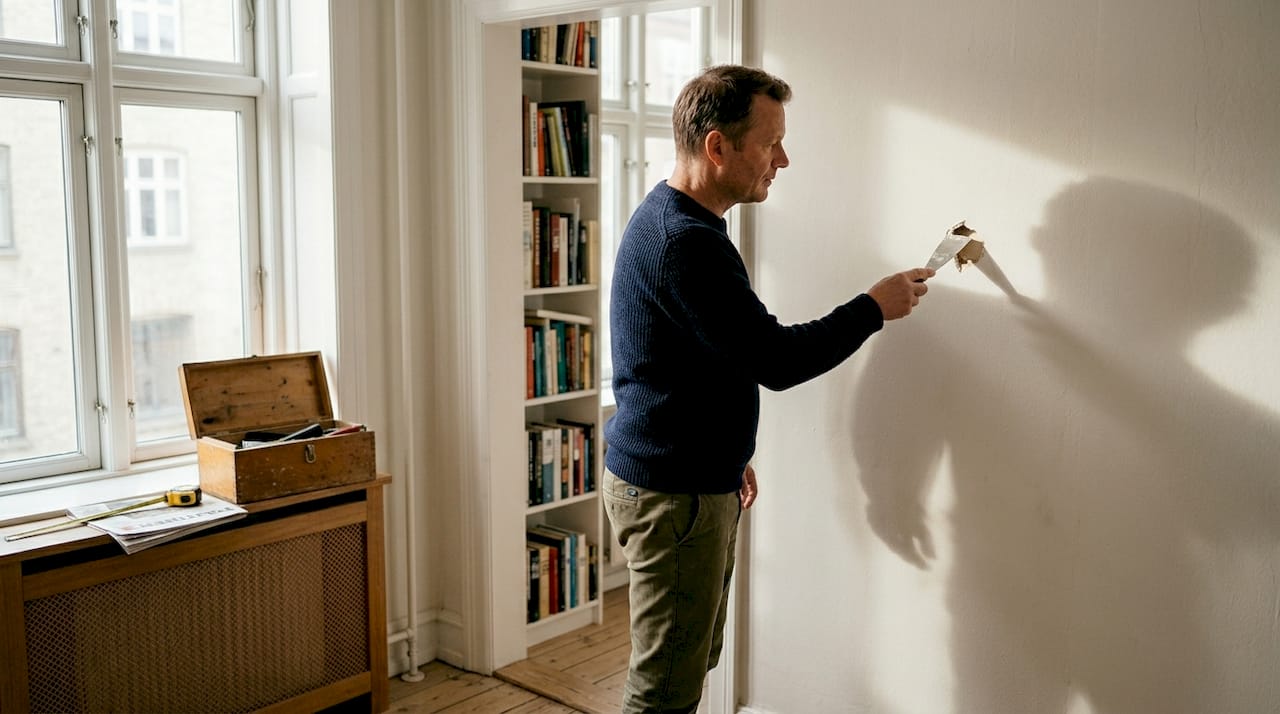 Mand står og overvejer, hvad han skal stille op med et hul i væggen derhjemme