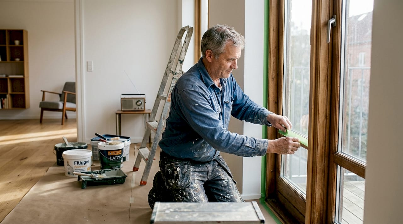 Maler dækker vinduet af før forarbejdet går i gang