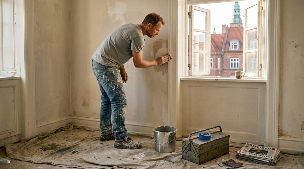 Maler gør klar til at male væggene i en lejlighed i København
