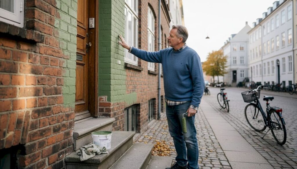 Boligejeren inspicerer den nymalede husfacade
