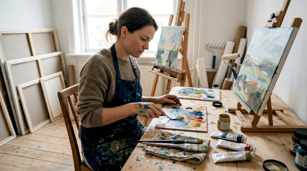 I sit kaotiske værksted står kunstneren og blander akrylfarver.