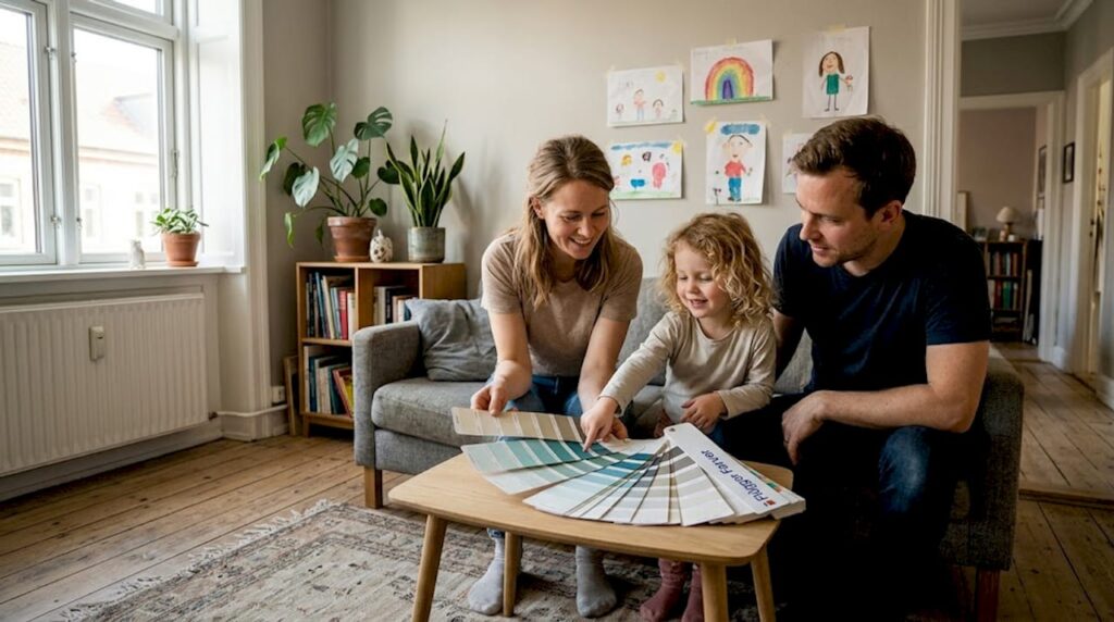 En familie tager stilling til farverne i deres lyse stue