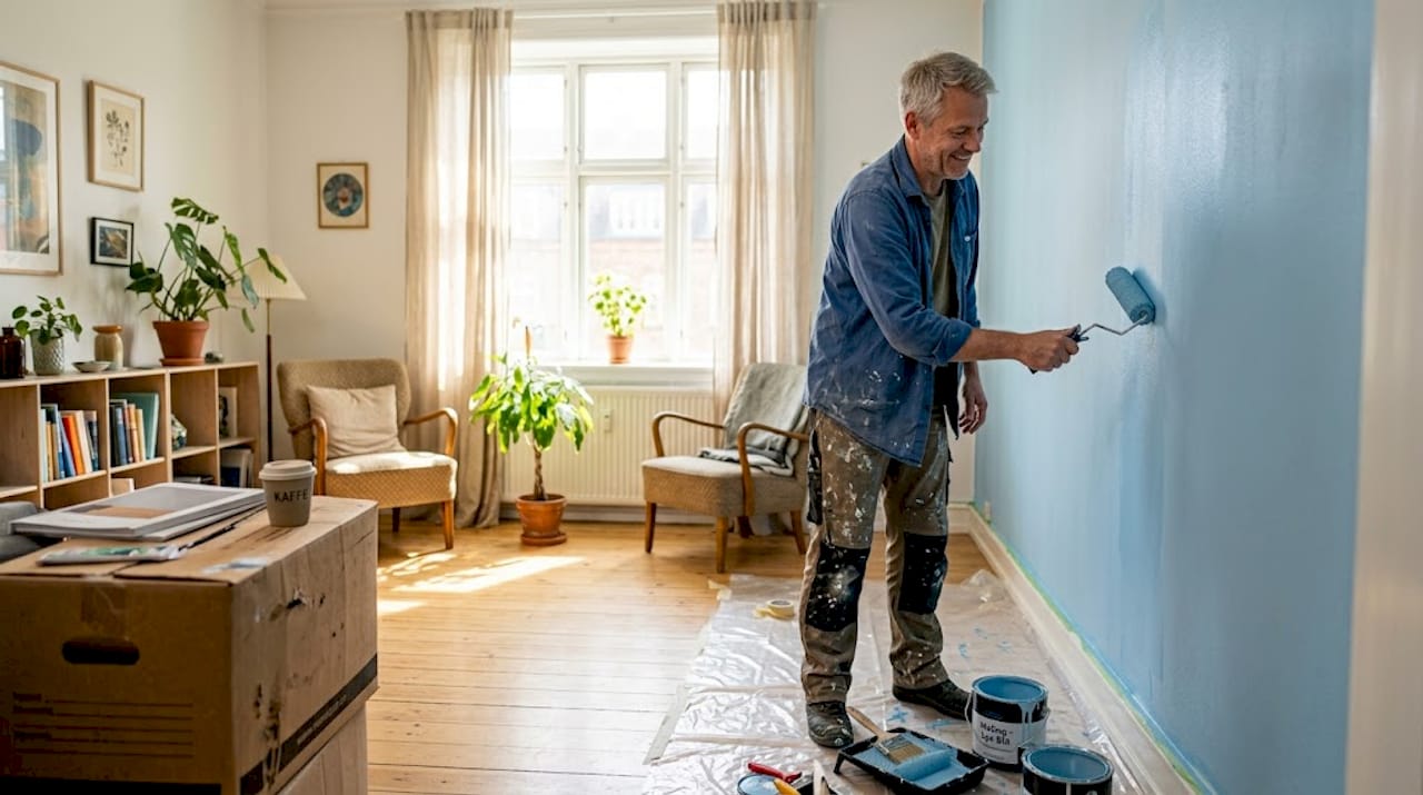 Inden boligen sættes til salg, går manden i gang med at male stuen for at gøre huset mere indbydende.